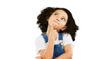 Thinking, idea and young child with a planning decision isolated on transparent, png background. Doubt, youth question and confused girl kid looking thoughtful, contemplating and curious for future