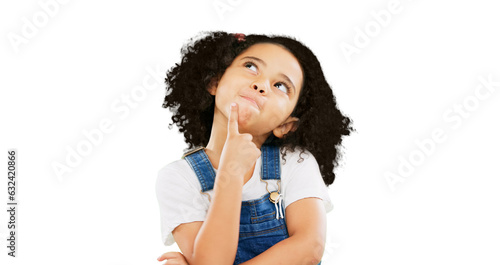 Thinking, idea and young child with a planning decision isolated on transparent, png background. Doubt, youth question and confused girl kid looking thoughtful, contemplating and curious for future photo