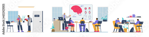 Medical students study at university and at seminars, flat vector isolated.