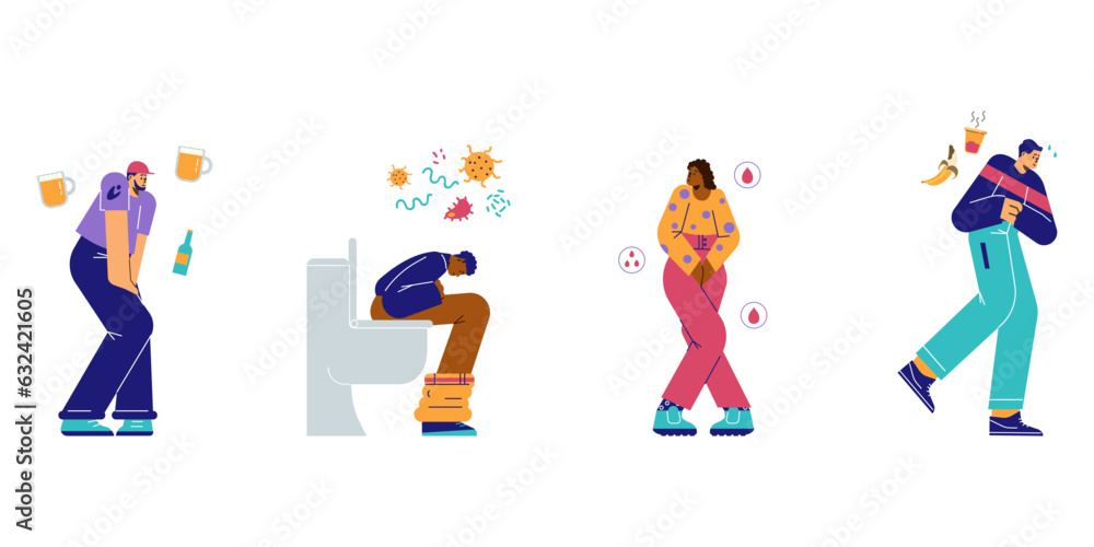 Fototapeta premium People experience the urge to go to toilet, flat vector illustration isolated.