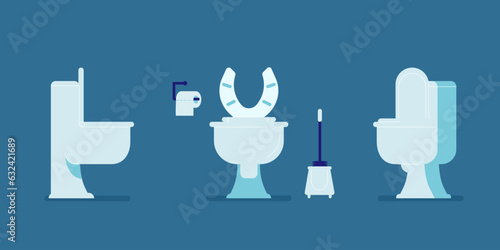 Set of flush toilet bowls from different views, flat vector illustration isolated on blue background.