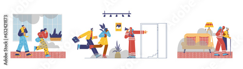 Set of scenes with people leaving smoky rooms flat style, vector illustration