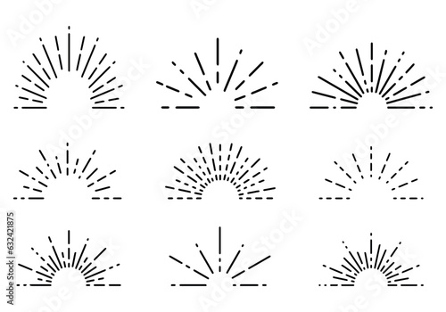 Retro sunburst, sunrise rays, semi circular sunburst, spark firework starburst design set line of light vector illustration.