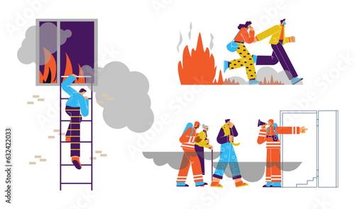 Evacuation people from buildings during fire, vector illustration isolated.