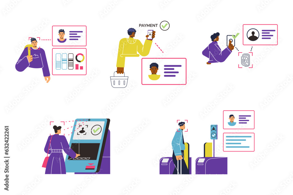 Fototapeta premium Biometric authentication for bank access flat vector illustrations isolated.