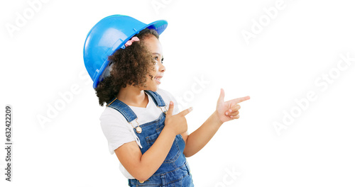 Child, construction worker and finger guns of girl isolated on a transparent, png background. Kids, builder and happy with a cute female youth engineer wearing a hardhat for safety and costume