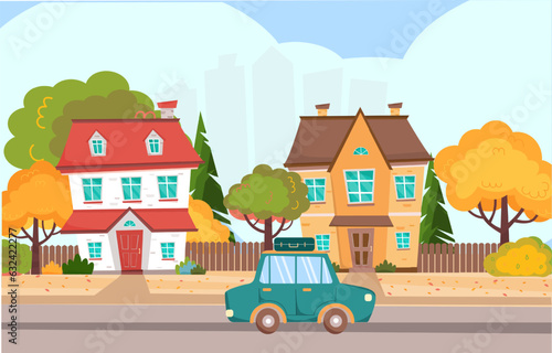 Autumn landscape in town with colorful houses and car. Retro auto with a suitcase is driving on the road. Autumn trip, adventure, voyage. Vector illustration in flat cartoon style.