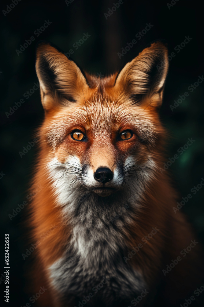 Red Fox in its Natural Habitat with Dramatic Lighting. Majestic Portrait. North America Wildlife Animal. Generative ai Red Fox in its Natural Habitat with Dramatic Lighting. Majestic Portrait. North America Wildlife Animal. Generative ai