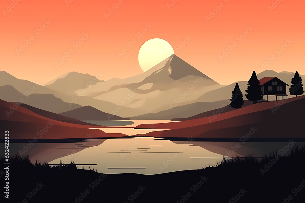 Landscape art of sunset in the mountains, house, pine trees, a lake, simple vector illustration art minimalism