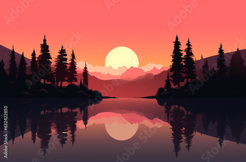 Landscape art of mountains, pine trees, a lake and a sunset, simple vector illustration art minimalism