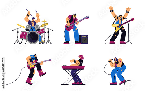 Vector isolated set of Rock band musicians, guitar player, pianist, vocalist and drummer playing rock music in disproportionate characters