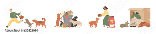 Set of scenes with stray dogs flat style, vector illustration