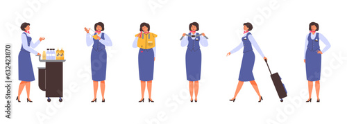 Set of working stewardesses flat style, vector illustration