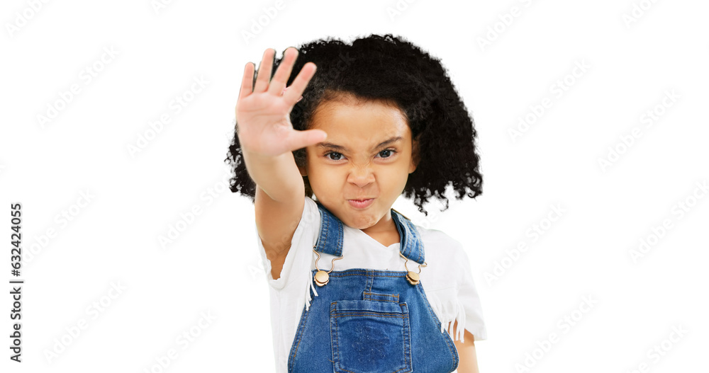 Stop, palm and girl child in portrait, warning and fight with caution isolated on transparent png background. Young female kid, hand gesture and danger with protest, conflict and deny with no entry Stop, palm and girl child in portrait, warning and fight with caution isolated on transparent png background. Young female kid, hand gesture and danger with protest, conflict and deny with no entry