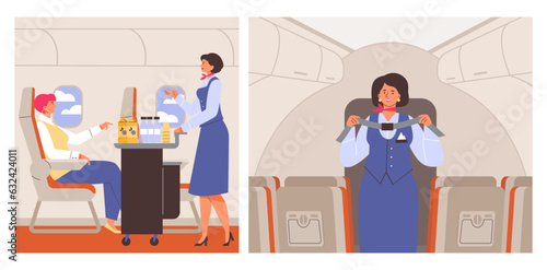Stewardess or air hostess performs her duty, flat vector illustration.