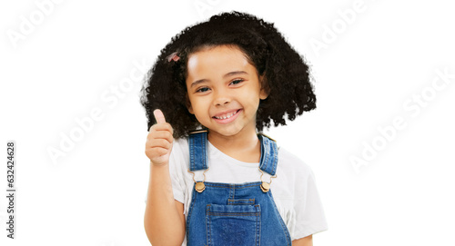 Happy, thumbs up and portrait of child with smile on isolated, png and transparent background. Approval emoji, agreement and face of young kid with hand gesture for thank you, happiness and yes sign