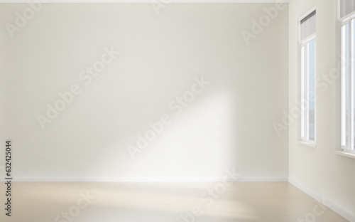 Empty office, school or living room space, 3d rendering. Digital illustration of generic interior as a mock-up, white walls, wood floor, natural sunlight