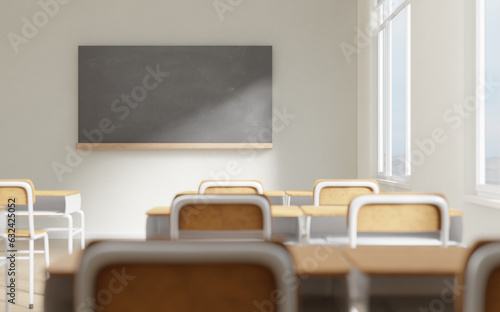 Generic classroom of elementary or middle school, offline studying, 3d rendering. Digital illustration of a high school class in direct sunlight, shallow depth of field photo