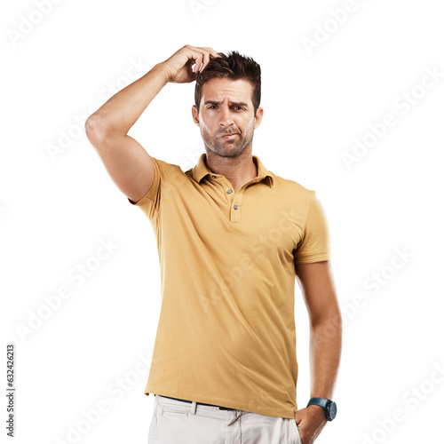 Thinking, scratching head or portrait of man confused by choices isolated on transparent png background. Why, doubt or unsure male person with question to consider for solution or problem solving photo