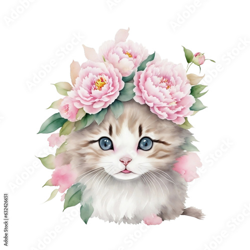 Cute Floral Kitten Watercolor Clipart, PNG
