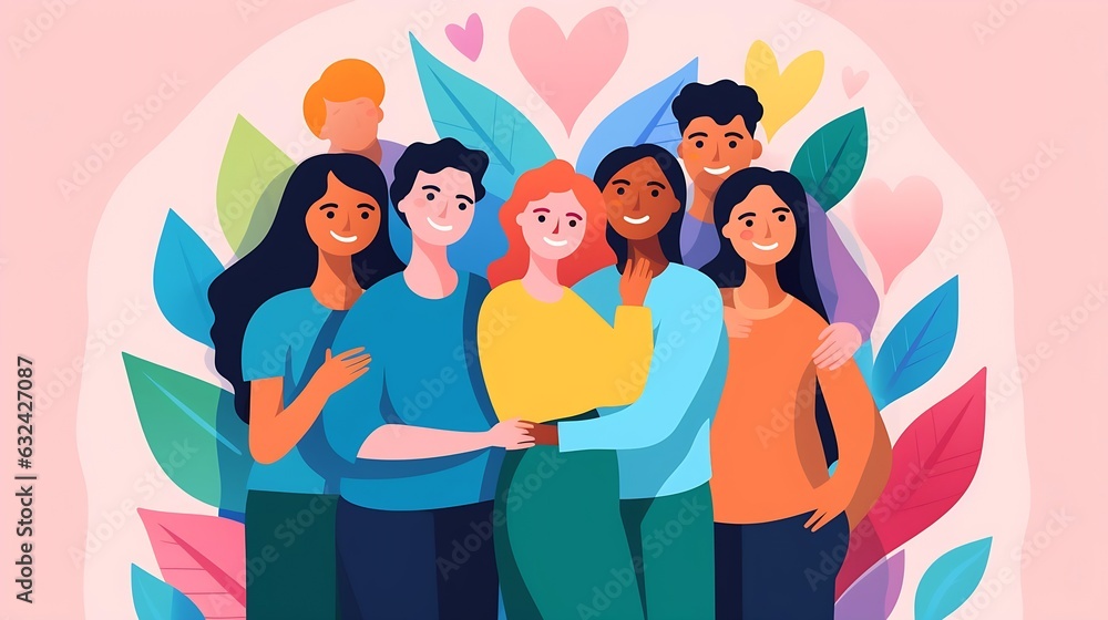 Generative AI : Group of diverse people. Friends or coworkers are standing, hugging, posing together. Cartoon characters. Teamwork, togetherness, friendship concept. Colorful Vector illustration Generative AI : Group of diverse people. Friends or coworkers are standing, hugging, posing together. Cartoon characters. Teamwork, togetherness, friendship concept. Colorful Vector illustration