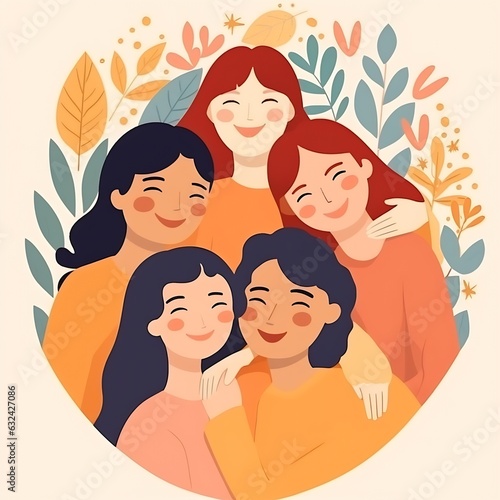 Generative AI : Group of diverse people. Friends or coworkers are standing, hugging, posing together. Cartoon characters. Teamwork, togetherness, friendship concept. Colorful Vector illustration