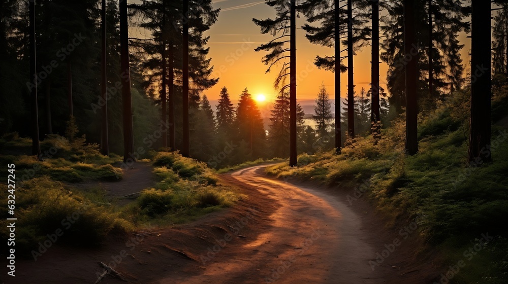 Obraz premium Generative AI : Beautiful sunset in the forest with a path leading to the sun
