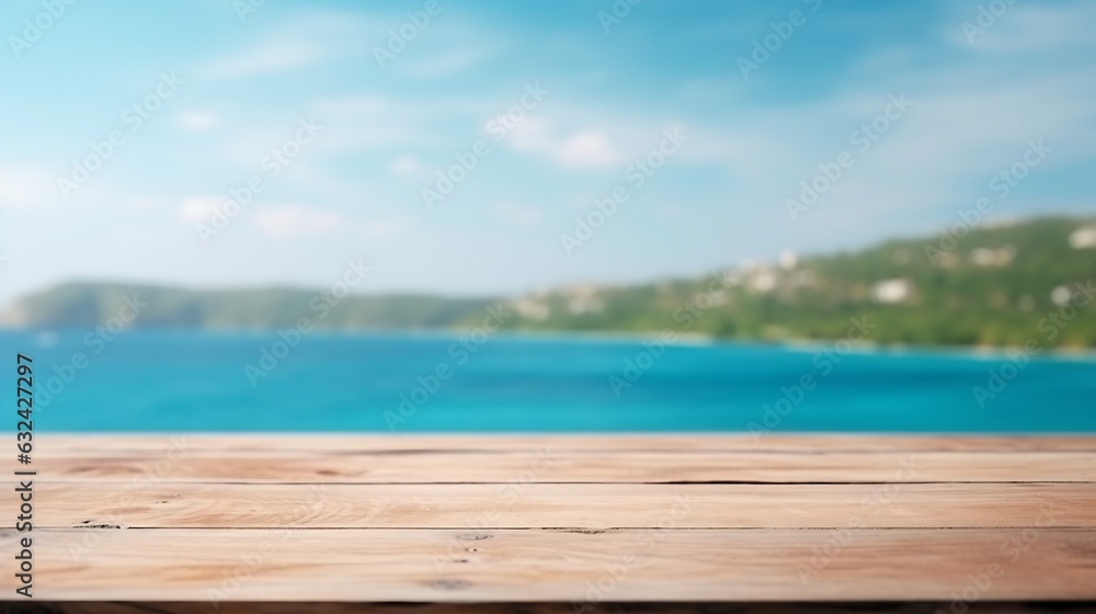 Generative AI : Wooden table top with blurred of beautiful beach nature background use for products display