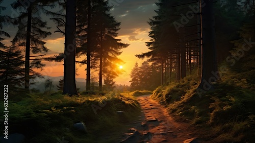 Generative AI : Beautiful sunset in the forest with a path leading to the sun