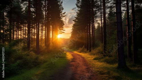 Generative AI : Beautiful sunset in the forest with a path leading to the sun © The Little Hut