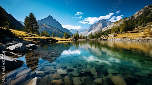Generative AI : Beautiful autumn mountain nature lake with blue sky © The Little Hut