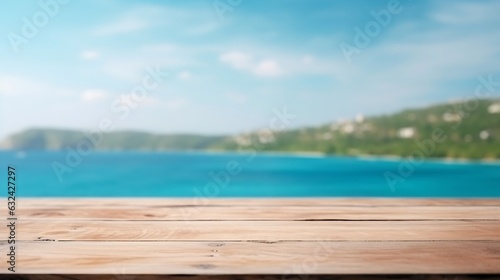 Generative AI : Wooden table top with blurred of beautiful beach nature background use for products display