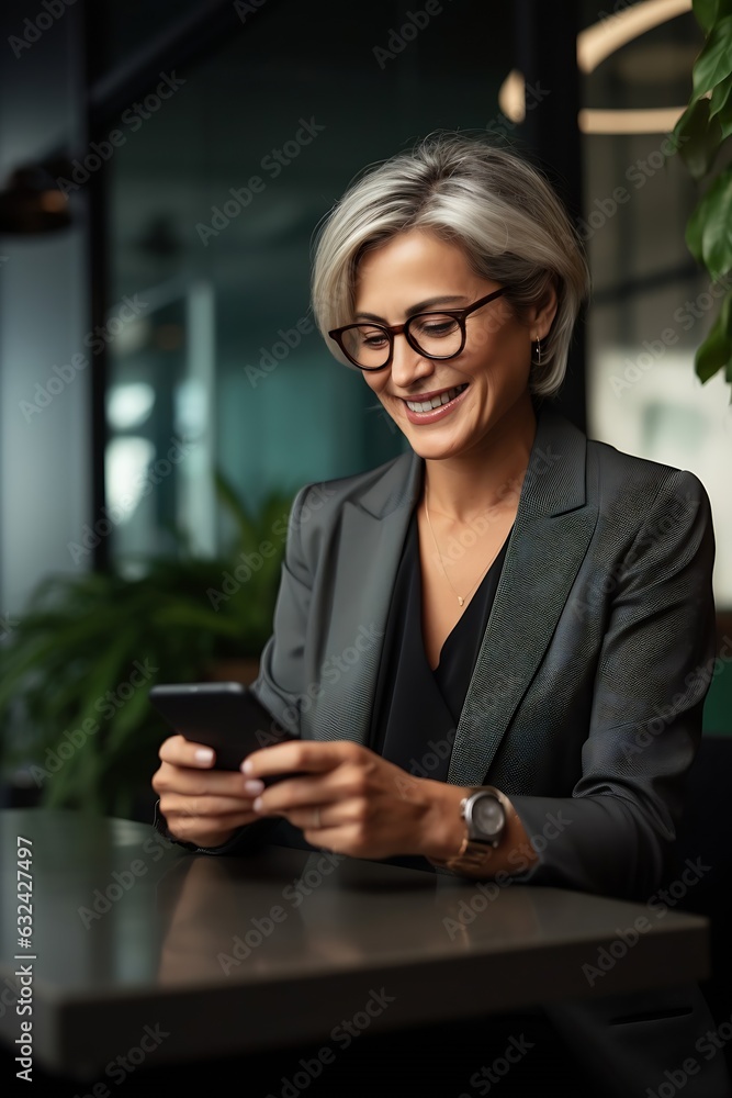 Generative AI : Mature business woman smiling and using a mobile phone Generative AI : Mature business woman smiling and using a mobile phone