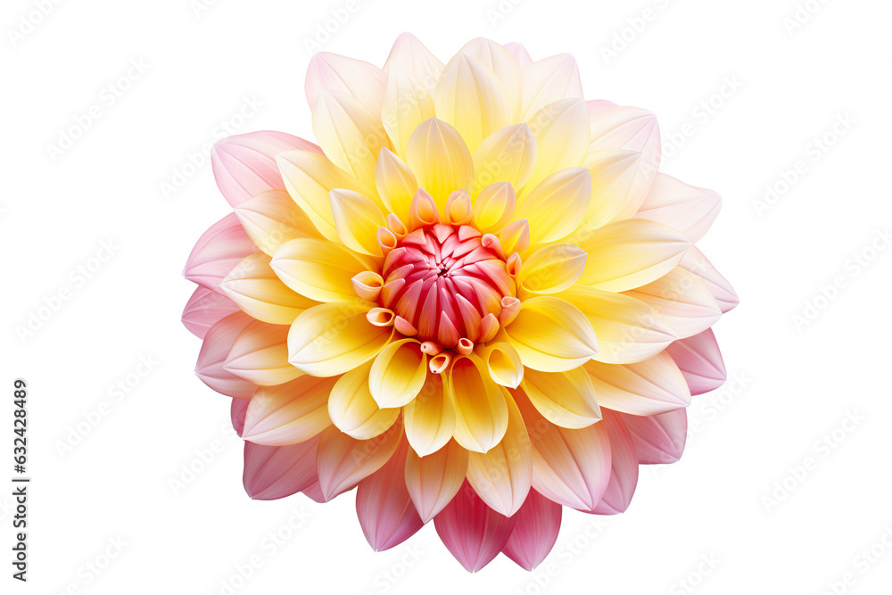 photorealistic close-up of a pink and yellow dahlia on white background PNG photorealistic close-up of a pink and yellow dahlia on white background PNG