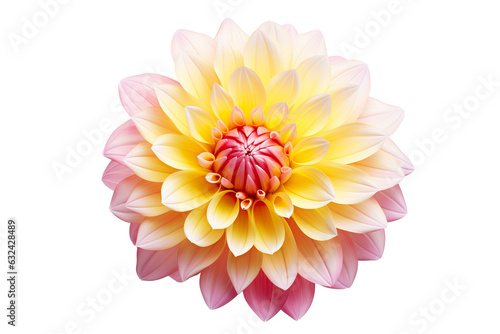photorealistic close-up of a pink and yellow dahlia on white background PNG