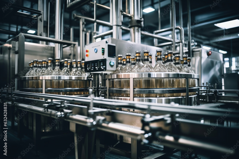 Factory for the production of beer. Brewery conveyor with glass beer drink alcohol bottles, modern production line. Blurred background. Modern production for bottling drinks. Selective focus.