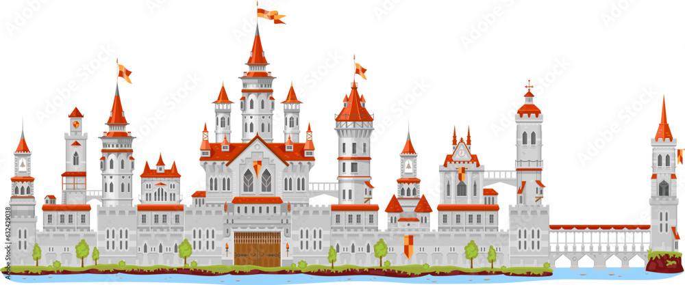 Medieval fortress castle tower and turret, wall and palace gate, bridge and fort, vector elements. Cartoon fantasy kingdom building, king fairy tale fortress castle or citadel of royal architecture