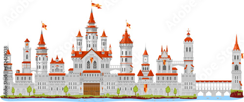 Medieval fortress castle tower and turret  wall and palace gate  bridge and fort  vector elements. Cartoon fantasy kingdom building  king fairy tale fortress castle or citadel of royal architecture