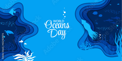 World ocean day, sea paper cut underwater landscape and animal silhouettes, vector background Papercut undersea turtle, squid and dolphins in paper cut layers for ocean day and sea environment