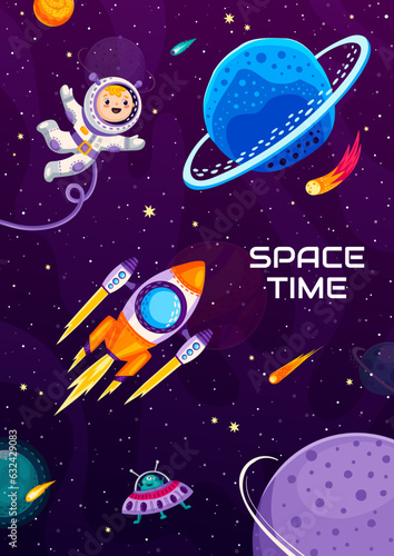 Fototapeta Naklejka Na Ścianę i Meble -  Cartoon space poster, cute kid astronaut and rocket soaring through cosmic abyss, futuristic landscape with extraterrestrial beings. Vector banner of science fiction and interstellar travel theme
