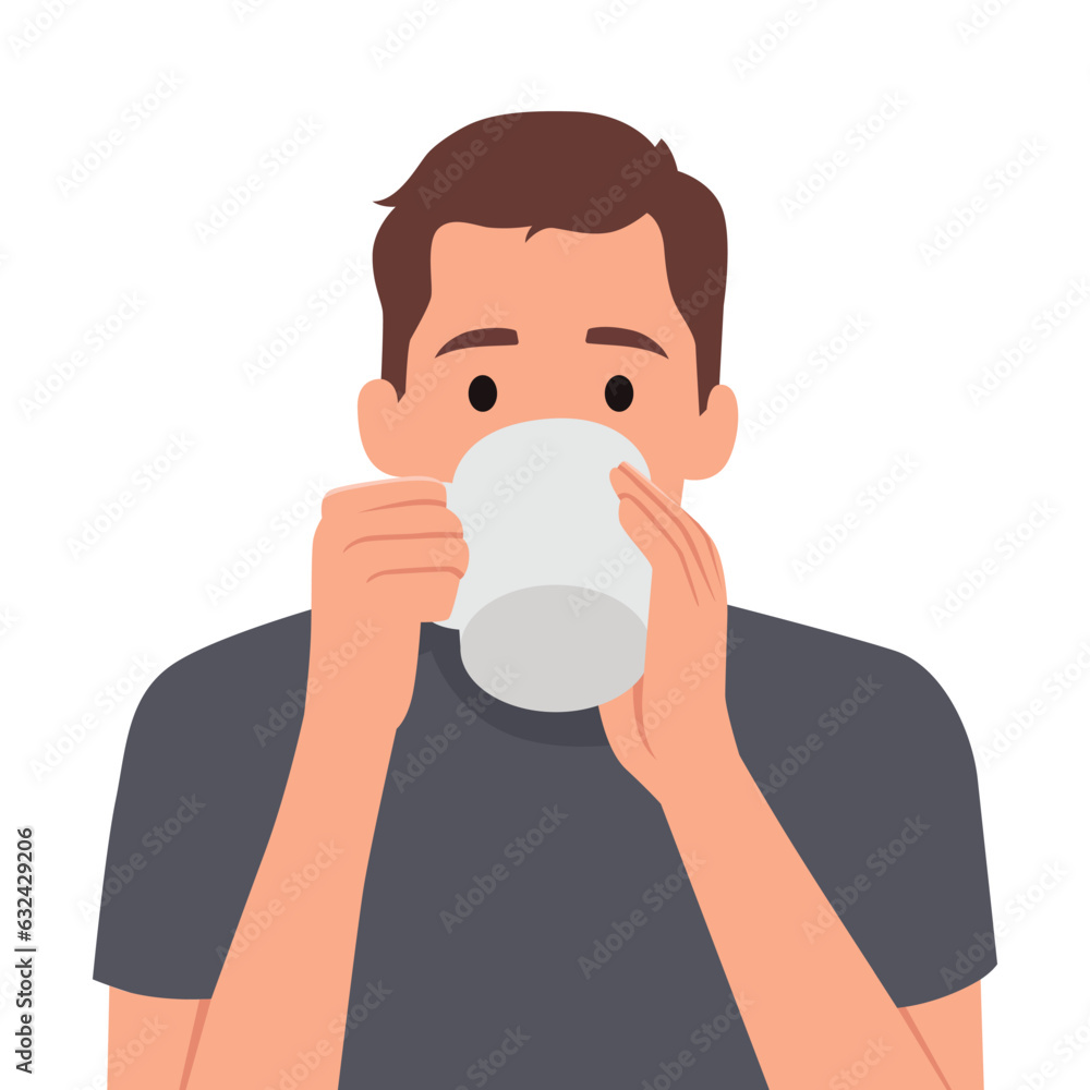 Man in bathrobe drinks coffee enjoying hot tart drink after waking up in morning. Flat vector illustration isolated on white background Man in bathrobe drinks coffee enjoying hot tart drink after waking up in morning. Flat vector illustration isolated on white background