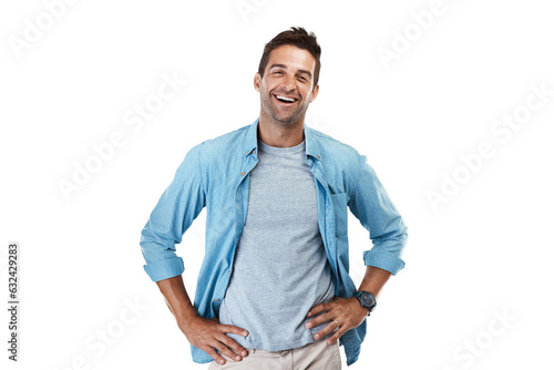 Portrait, smile and man with casual outfit, funny and model isolated on a transparent background. Male person, Canada and guy with happiness, laughing and cheerful with png, joyful and fashion photo
