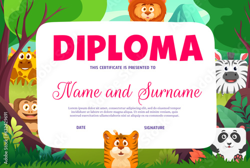 Kids diploma with square animal faces or cartoon zoo characters, vector certificate award template. Lion, tiger and monkey with zebra and panda on school or kindergarten workshop certificate diploma