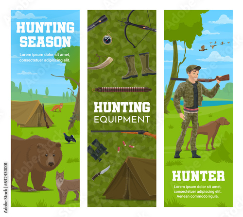 Hunting equipment, hunter and forest animals, vector banners with bear and fox. Hunt season on ducks and wild animals with rifle gun, hunting dog and bullet bandoleer or hunter tent and crossbow