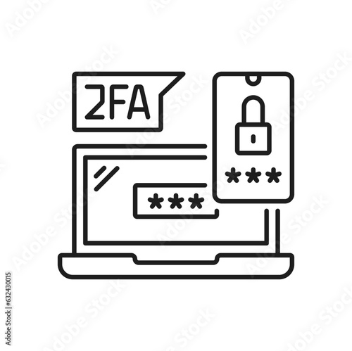 2FA two factor verification and password authentication, vector computer icon. 2 step authentication and multi factor authorization of identity for login via mobile sms for online account privacy