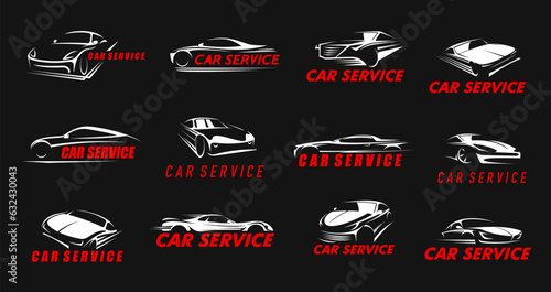 Car service icons with vector silhouettes of speed cars and vehicles. Motor vehicle repair, tuning and maintenance service, mechanic garage station or workshop isolated symbols with auto