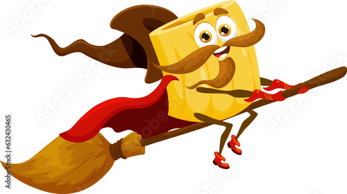 Cartoon Halloween pasta wizard and witch, sorcerer and mage character soars through the skies on trusty broomstick, casting magical spells and hurry for party celebration. Isolated vector wiz noodle