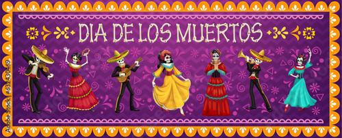 Mexican dead day characters. Dia de los muertos carnival holiday mariachi musicians and Catrin personages. Vector skeletons wear traditional costumes dancing and playing guitar, violin or trumpet