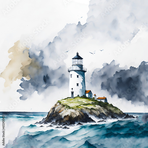 Wallpaper Mural Watercolor lighthouse by the oceanside with sky and birds painted in watercolor