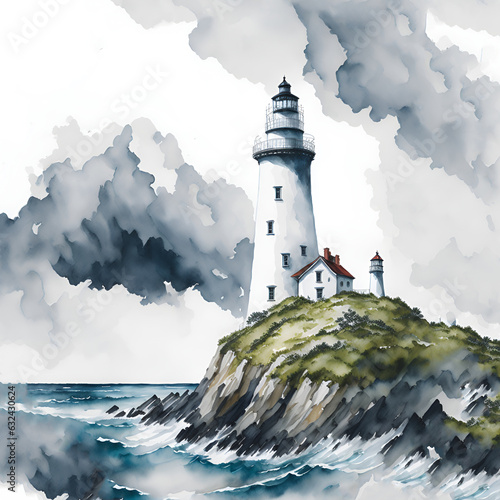 Fotografia Watercolor lighthouse by the oceanside with sky and birds painted in watercolor